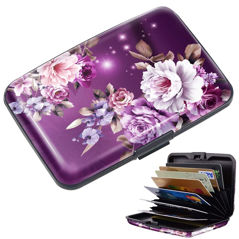 Coco Rossi Credit Card Holder for Women,RFID Blocking Slim Hard Mini Flowers Card Case ID Case Travel Wallet Purple - Image 2